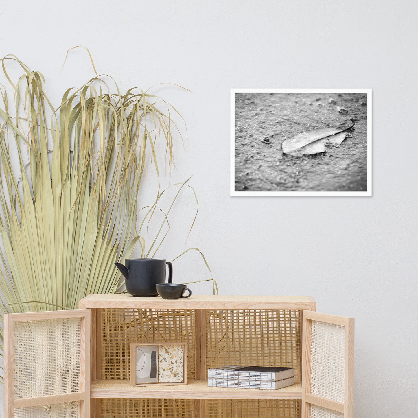 Fallen Leaf in The Rain Black and White Botanical Nature Photo Framed Wall Art Print