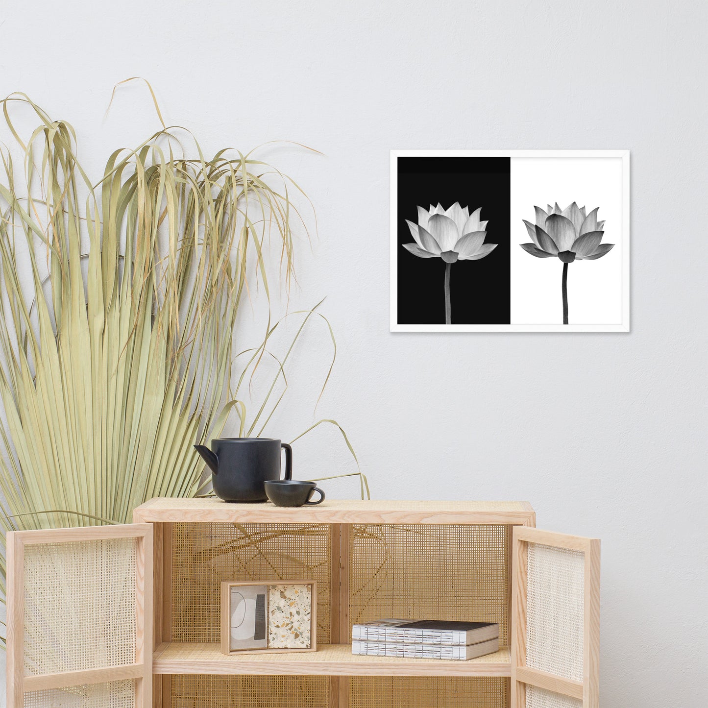 Lotus Flower on Black and White Background Floral Nature Framed Photo Paper Poster