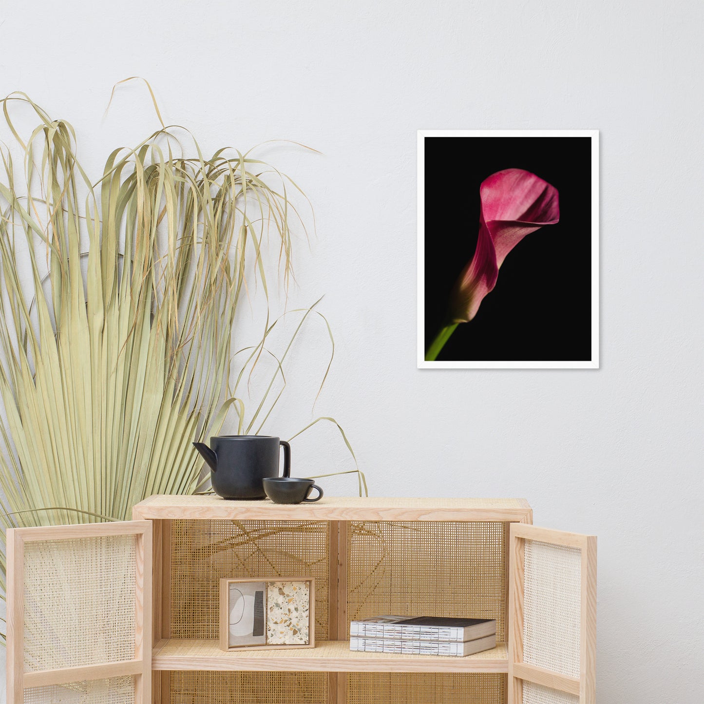 Pink Calla Lily Flower on Black Floral Nature Photo Framed Wall Art Print