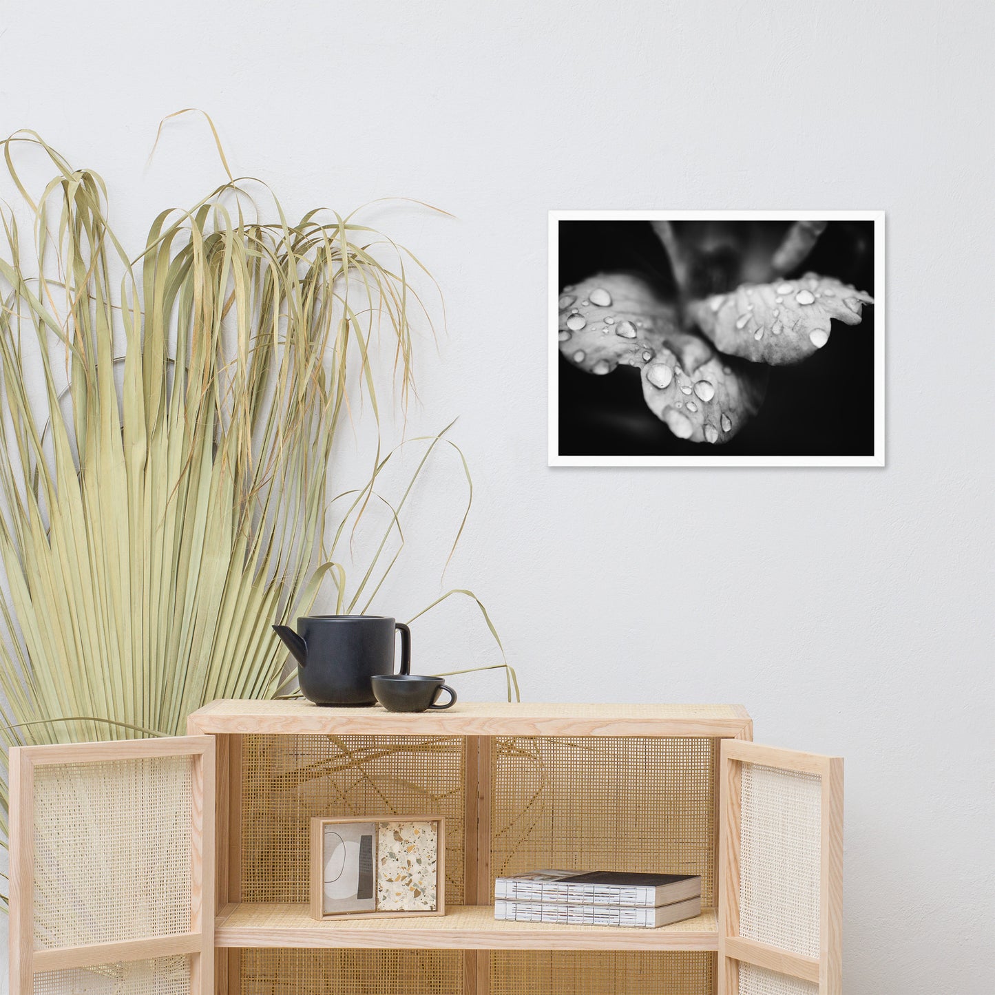 Raindrops on Wild Rose Black and White Floral Nature Photo Framed Wall Art Print