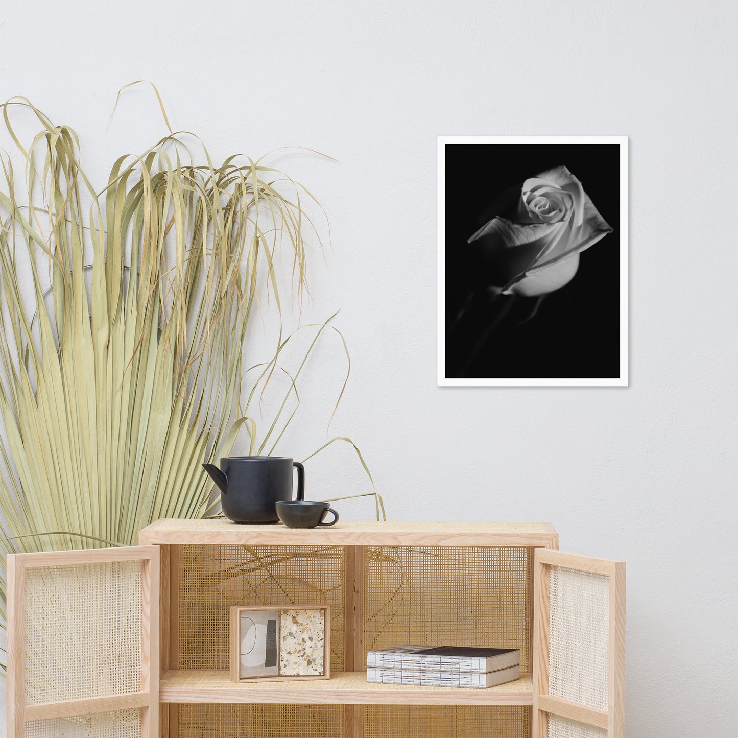 Rose on Black Black and White Floral Nature Photo Framed Wall Art Print