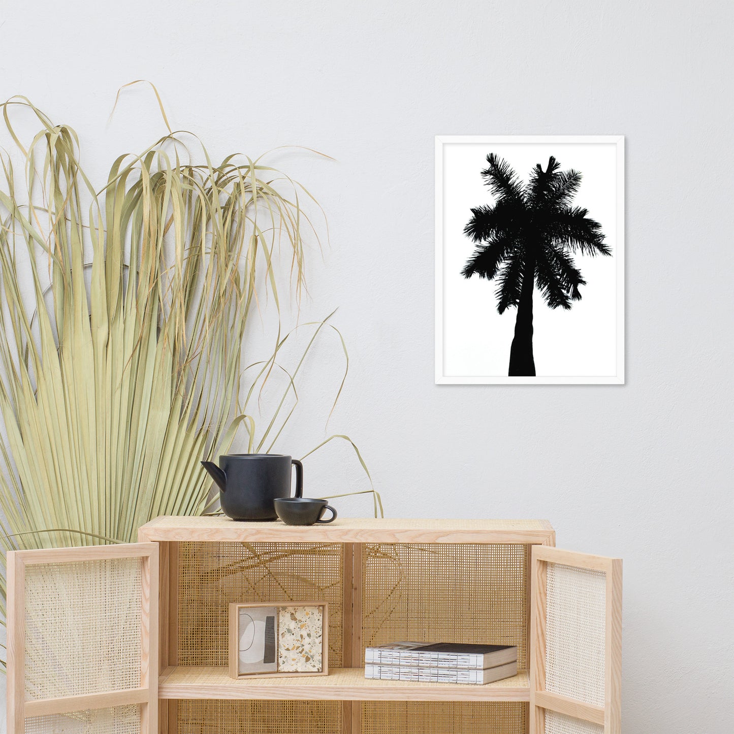 Palm Tree Silhouette on Pure White Botanical Nature Photo Framed Wall Art Print