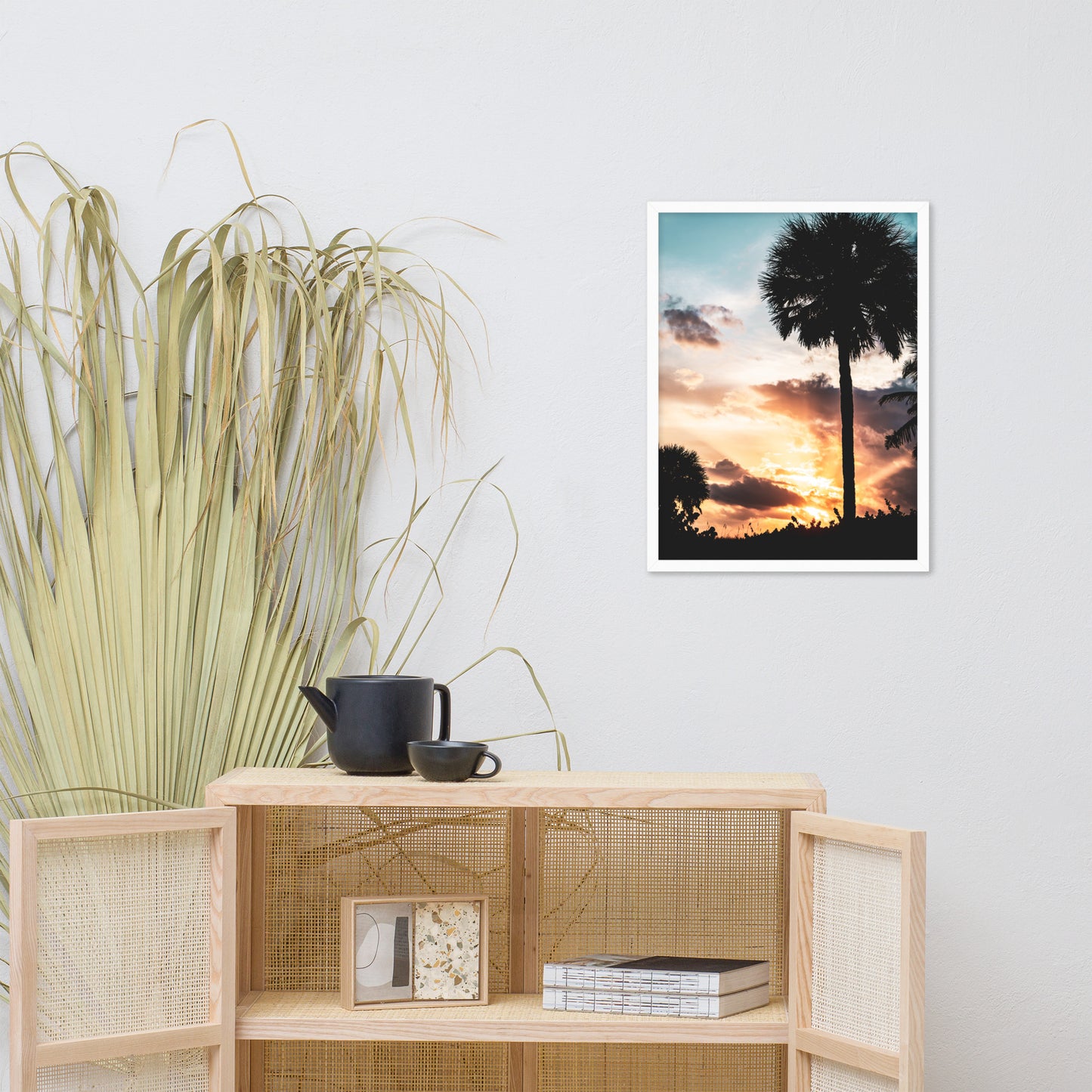 Palm Tree Silhouettes and Sunset Botanical Nature Photo Framed Wall Art Print