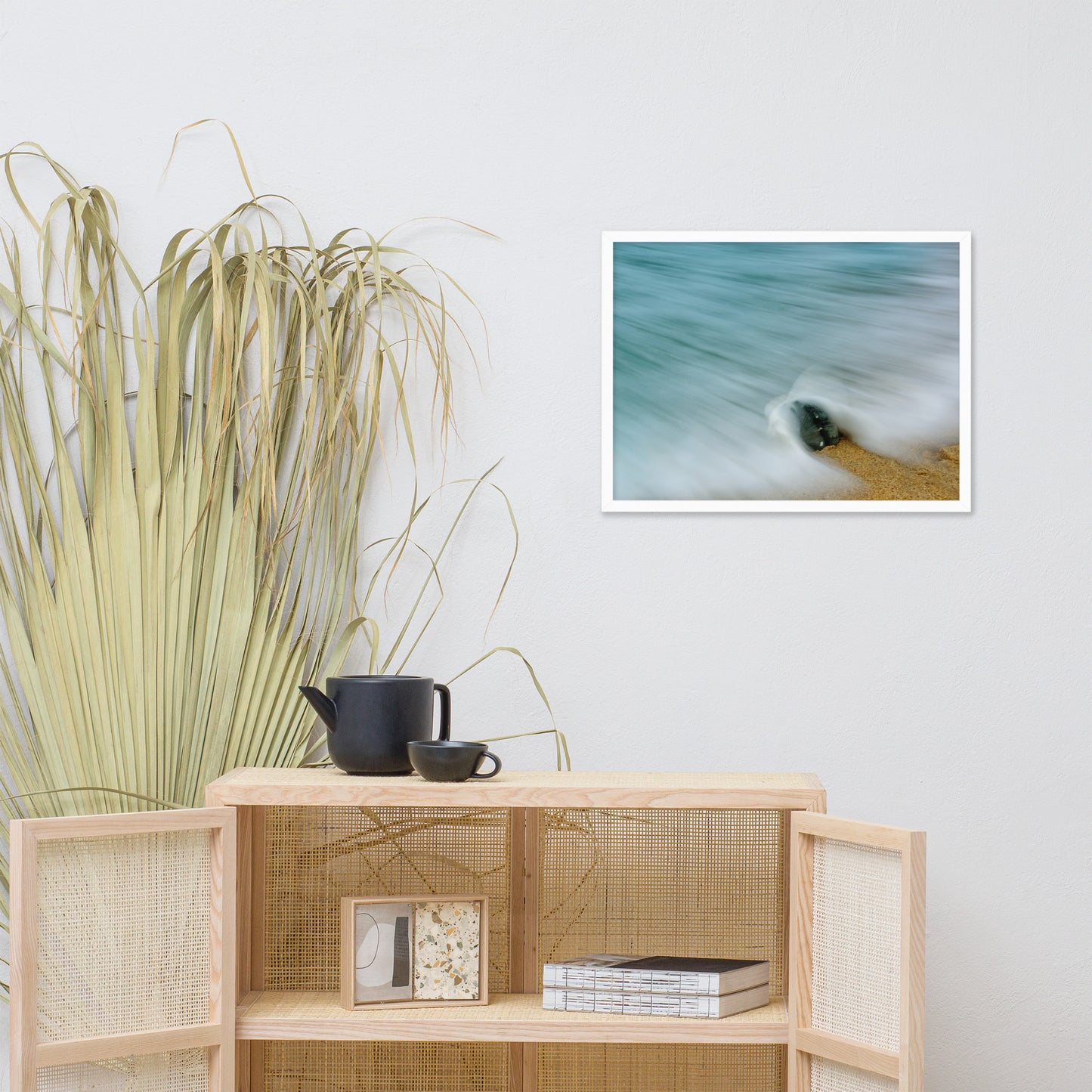 Whelk Seashell and Misty Wave Coastal Nature Photo Framed Wall Art Print