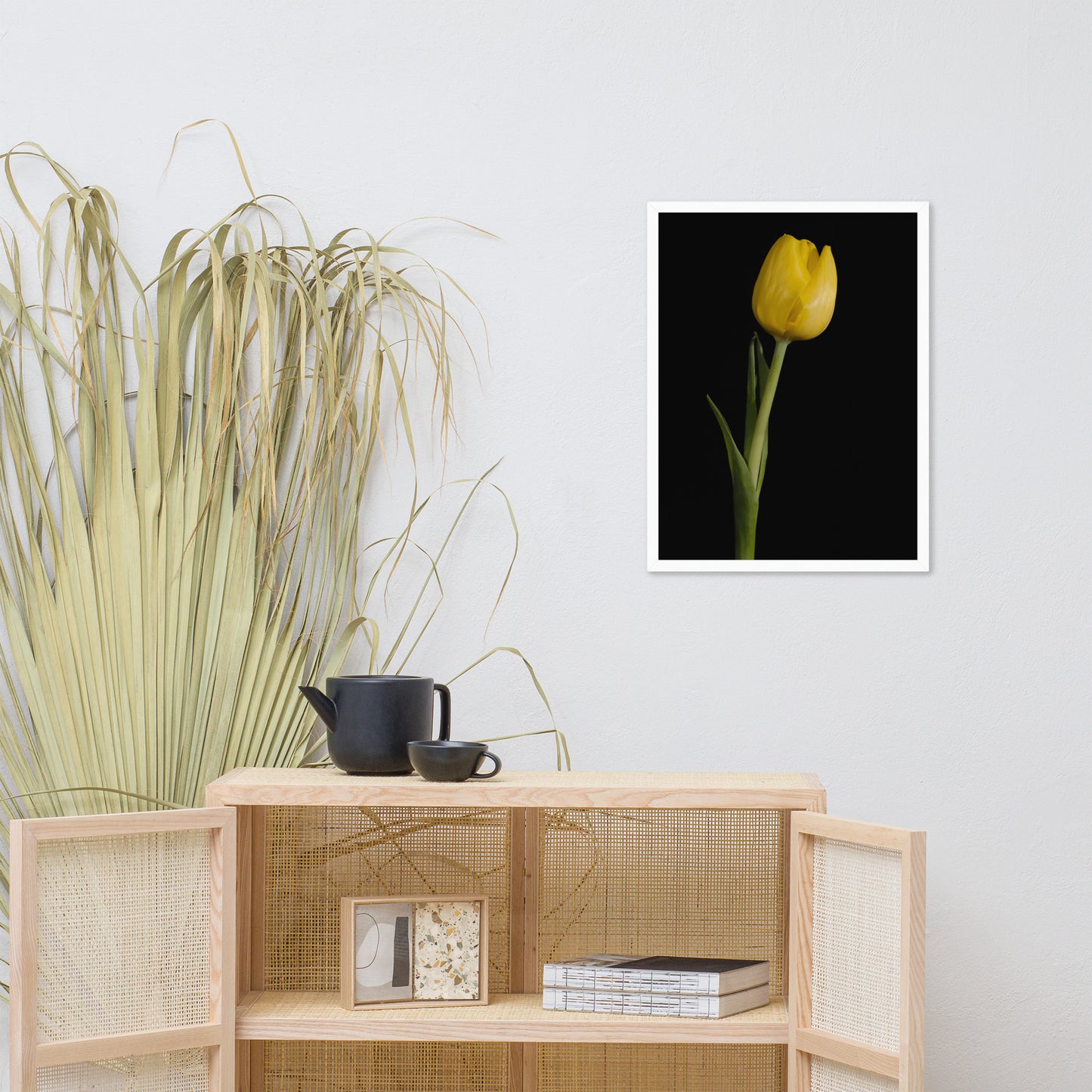 Yellow Tulip on Black Floral Nature Photo Framed Wall Art Print