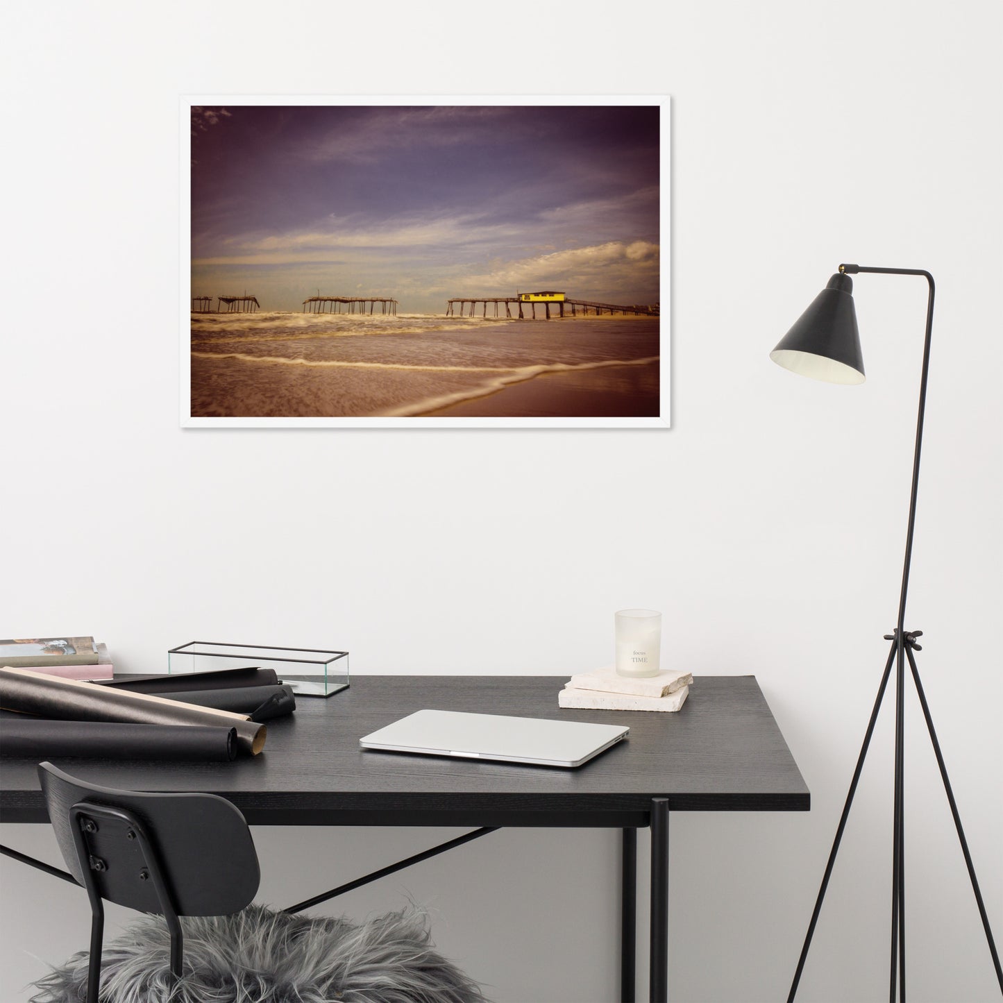 Wall Art For Your Office: Aged View of Frisco Pier Beach / Coastal / Seascape / Rustic / Nature / Landscape Photograph Framed Wall Art Print - Wall Decor - Artwork