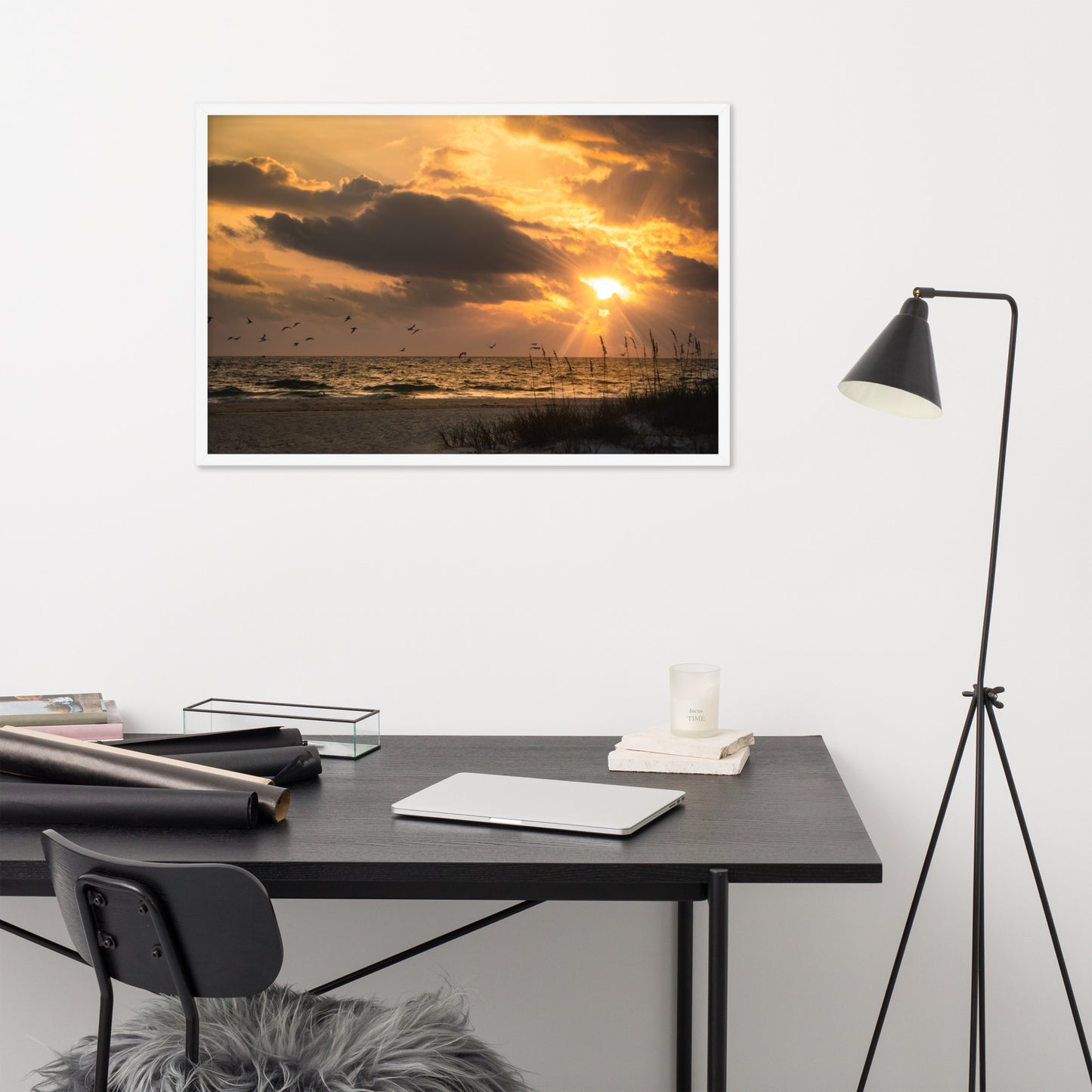 Large Artwork For Office: Anna Maria Island Cloudy Beach Sunset 1 - Coastal / Beach / Seascape / Nature / Landscape Photo Framed Wall Art Print - Artwork