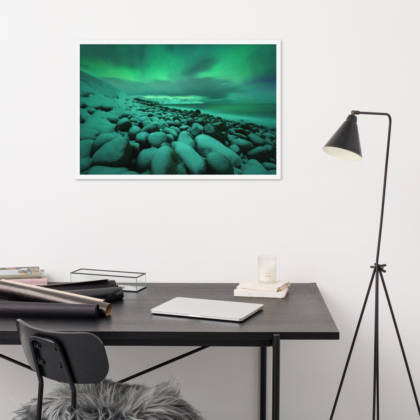 Yoga Room Wall Decor: Aurora Borealis Over Ocean in Teriberka Night - Coastal / Beach / Seascape / Nature / Landscape Photo Framed Wall Art Print - Artwork