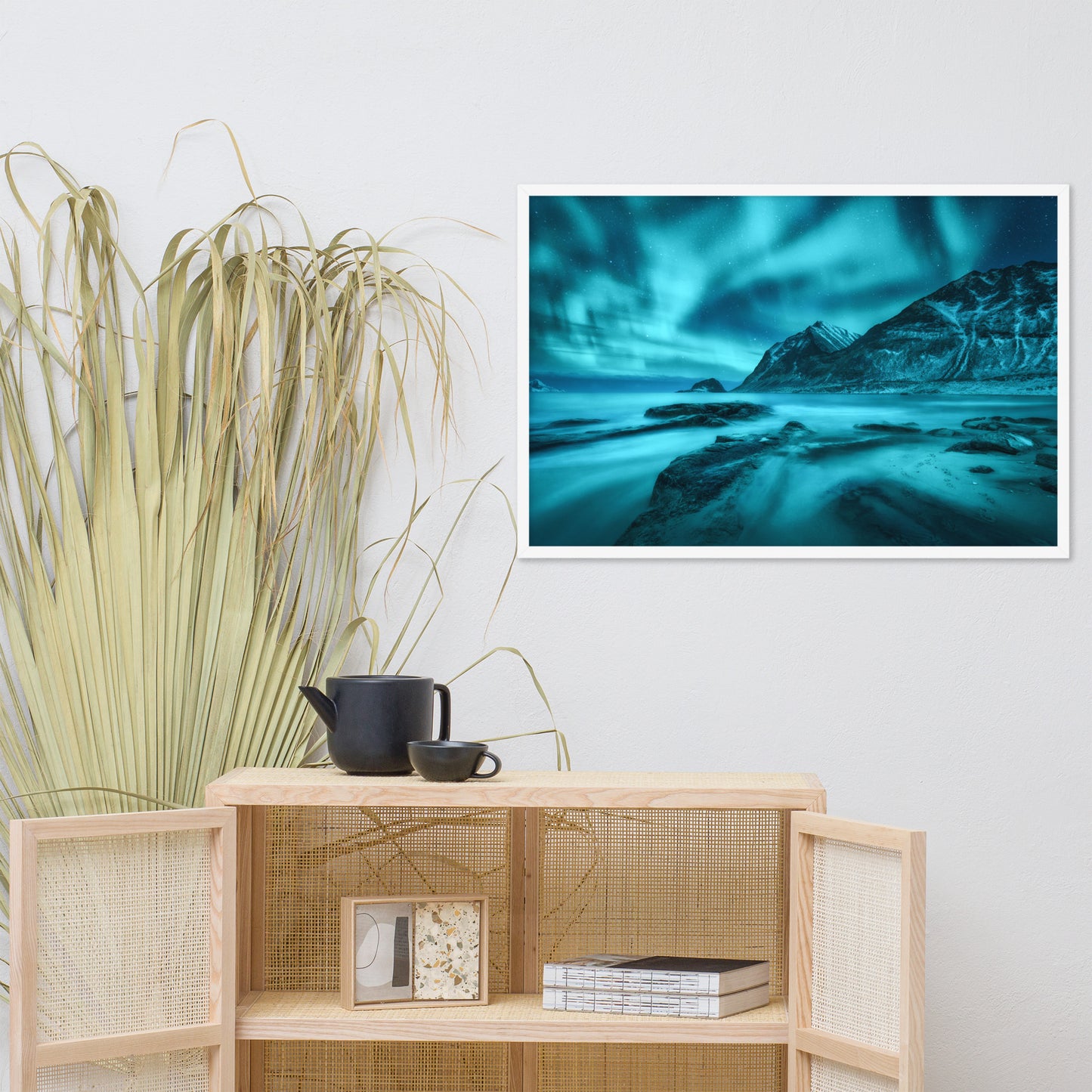 Blue Northern Lights and Mountain Coast Framed Wall Art Prints
