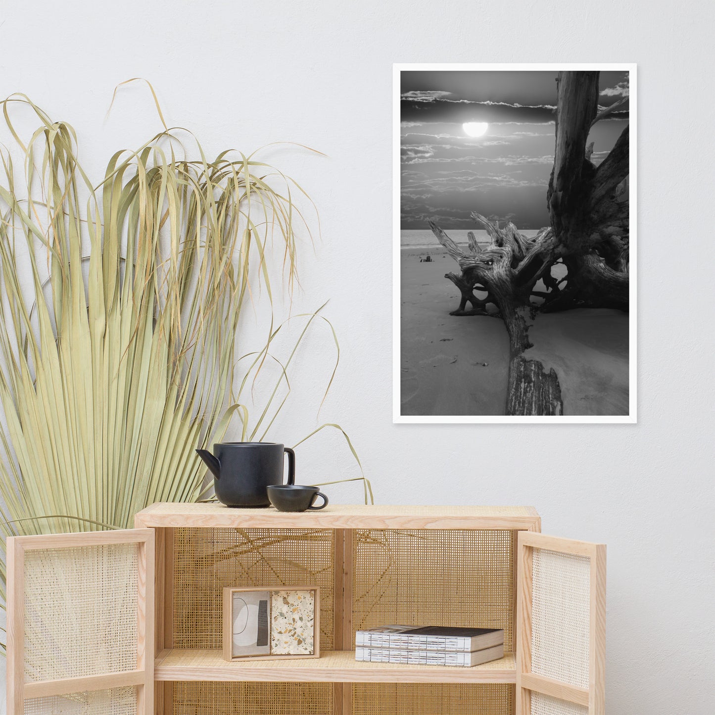 Dried Tree Roots and Sunrise 2 Black and White Landscape Photo Framed Wall Art Print