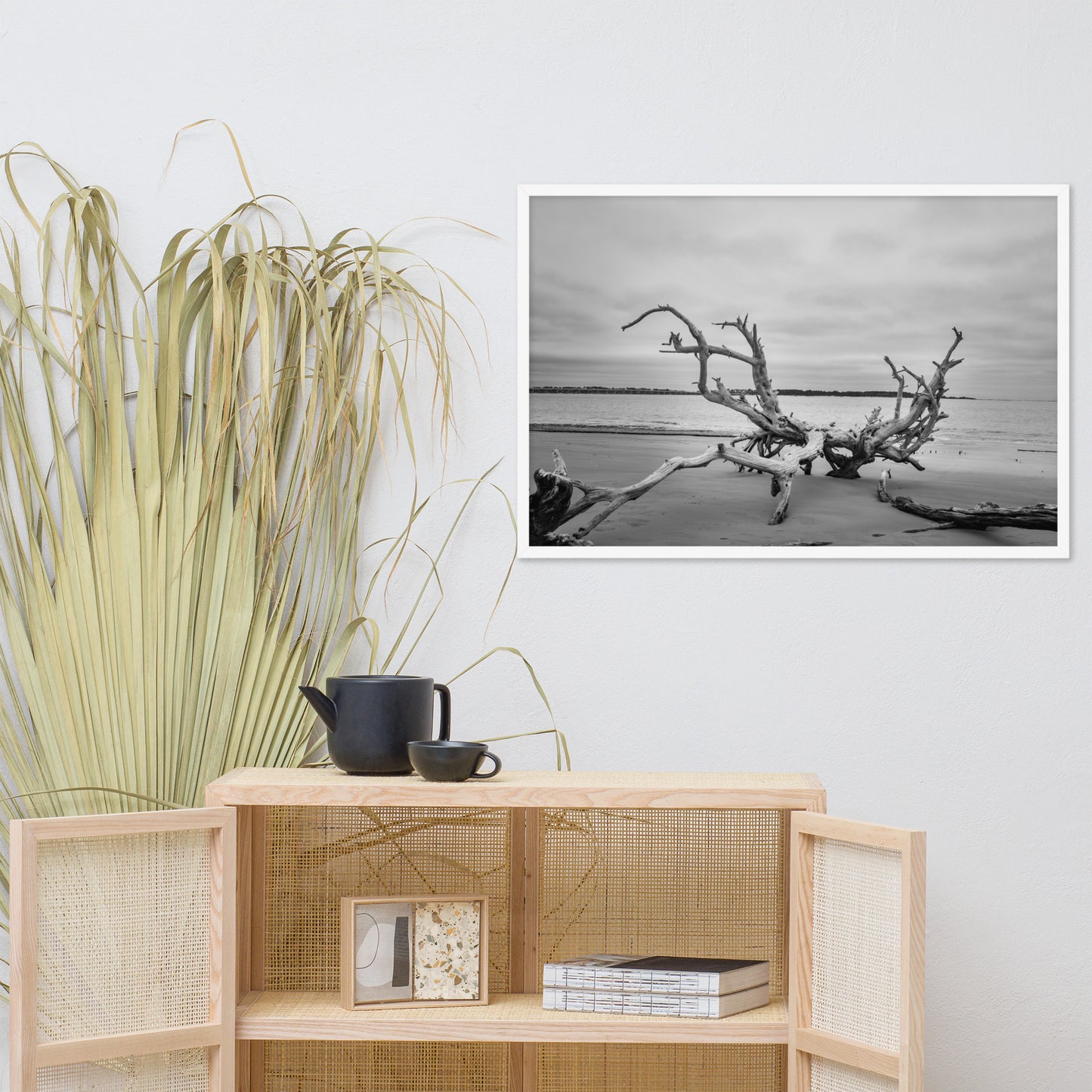 Driftwood on Boneyard Beach Florida 3 Black and White Rustic Coastal Landscape Photo Framed Wall Art Print