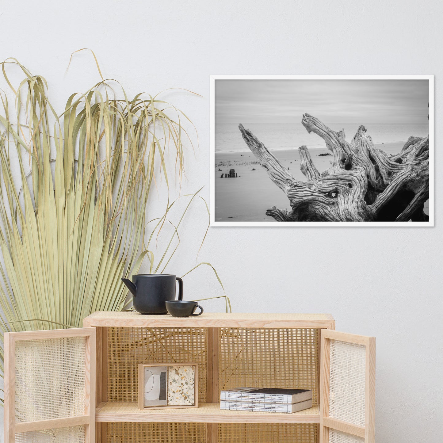 Driftwood on Boneyard Beach Florida 4 Black and White Coastal Landscape Photo Framed Wall Art Print