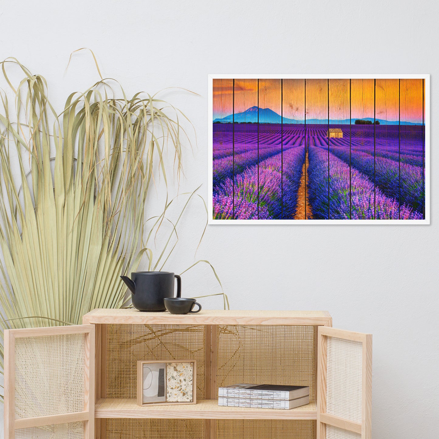 Faux Wood Lavender Fields and Sunset Landscape Framed Photo Paper Wall Art Prints
