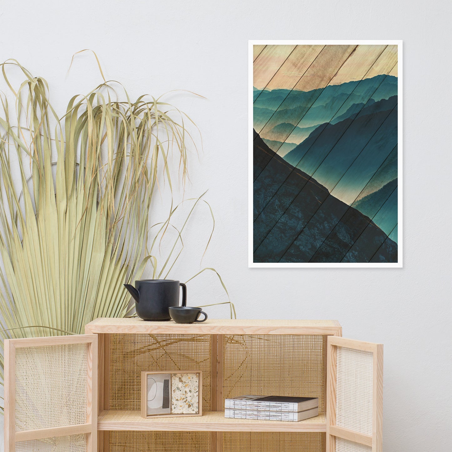 Faux Wood Misty Blue Silhouette Mountain Range Landscape Framed Photo Paper Wall Art Prints
