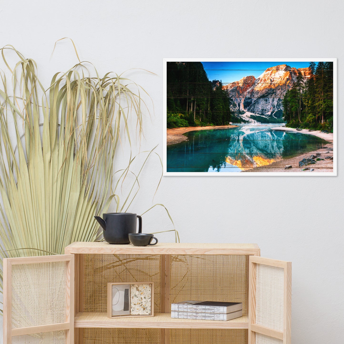 Faux Wood Misty Lake and Snowcap Mountain Reflections Framed Photo Paper Wall Art Prints