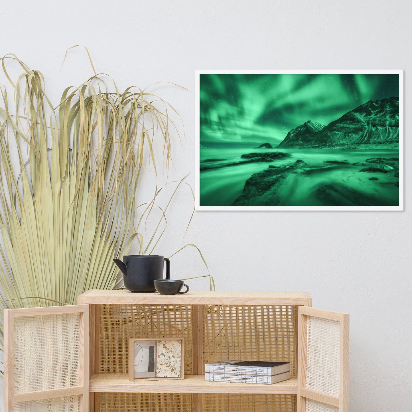 Green Northern Lights and Mountain Coast Framed Wall Art Prints