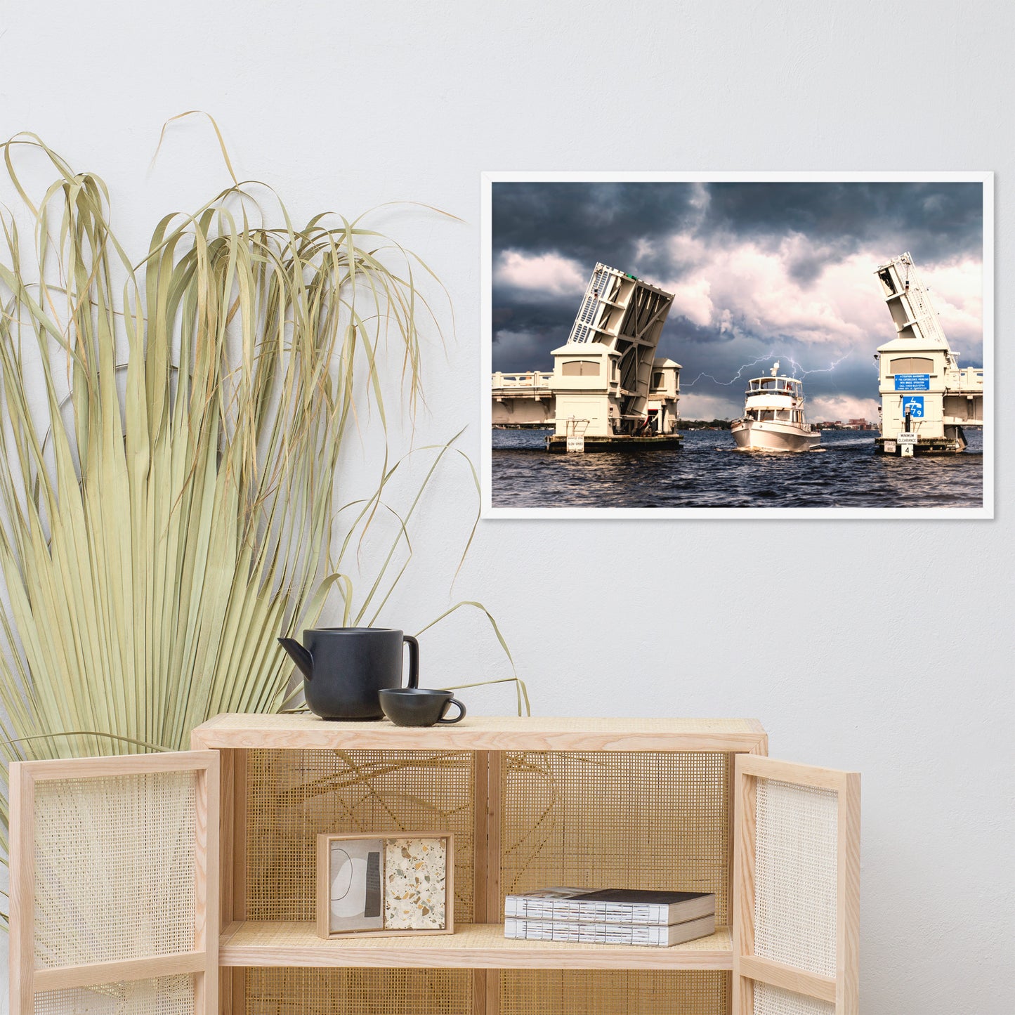 Stormy Drawbridge and Boat Racing Towards the Sun Coastal Landscape Photograph Framed Wall Art Print