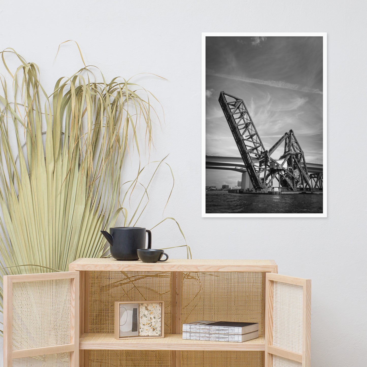 Train Drawbridge Jacksonville 2 Black and White Framed Wall Art Print