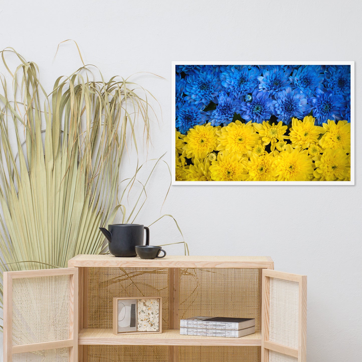 Blue and Yellow Chrysanthemums For Ukraine Refugees Nature Photo Framed Wall Art Print