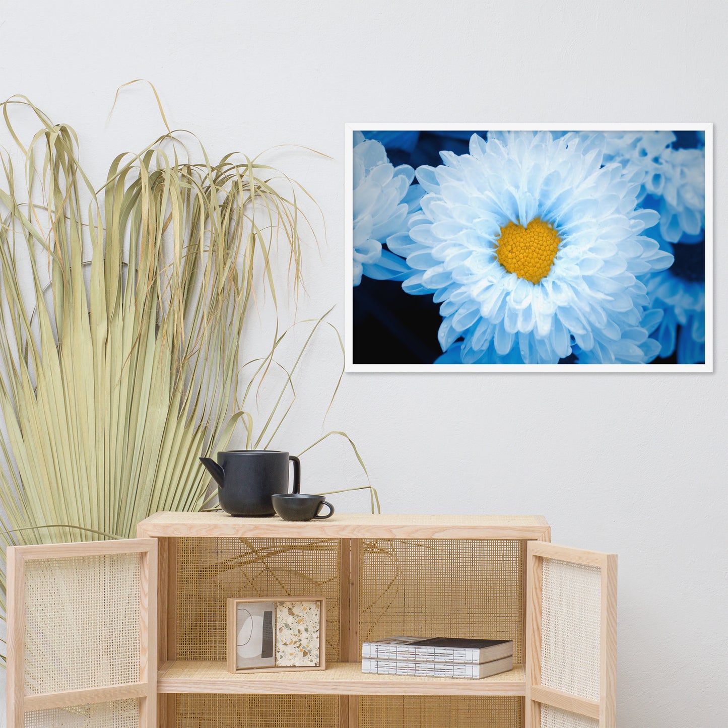 Blue Tinted Chrysanthemums For Ukraine Refugees Floral Nature Photo Framed Wall Art Print