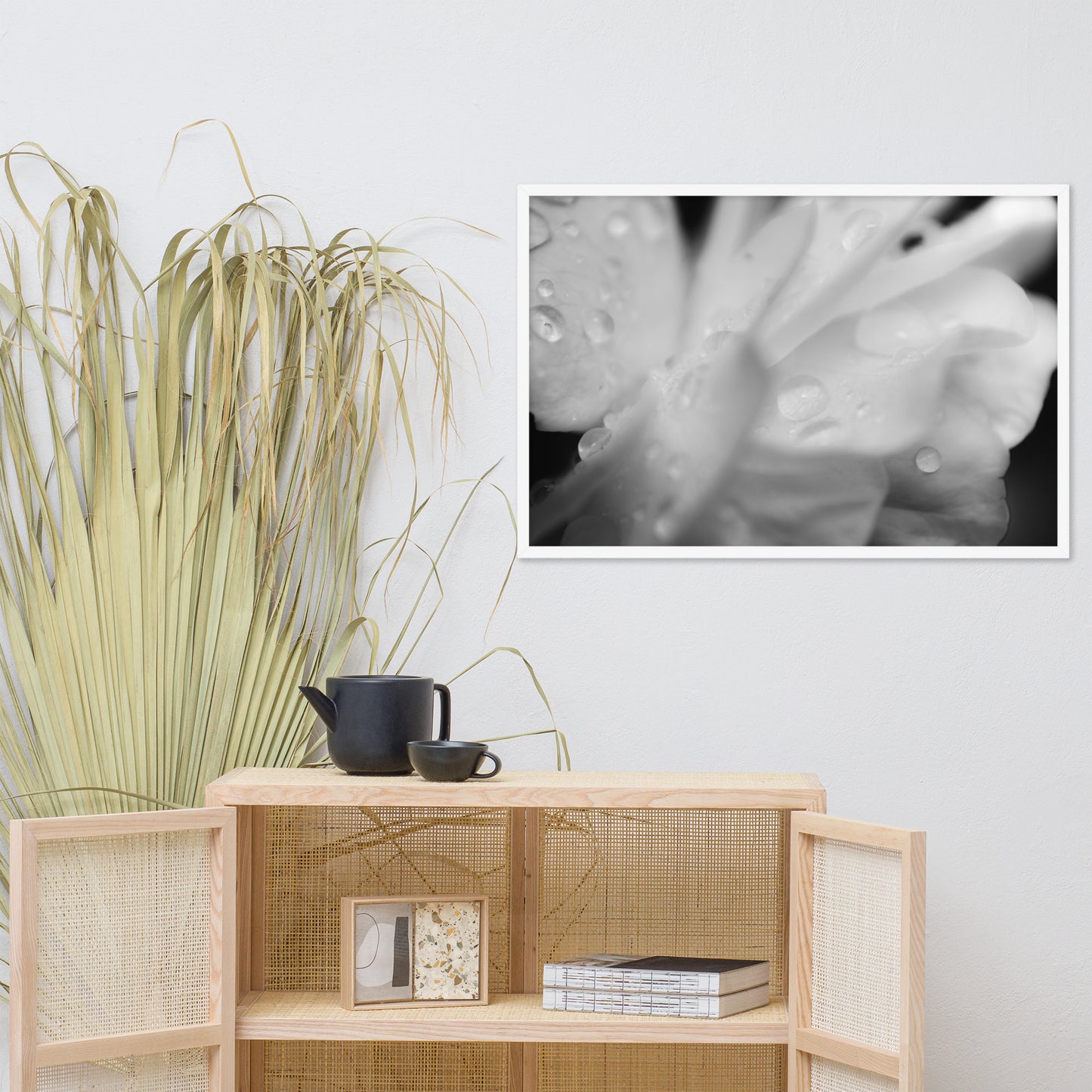 Delicate Rose Petals Black and White Floral Nature Photo Framed Wall Art Print