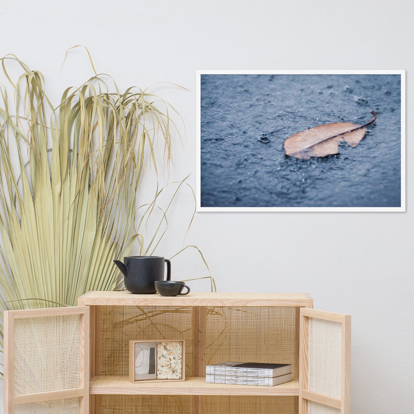 Fallen Leaf in The Rain Color Botanical Nature Photo Framed Wall Art Print