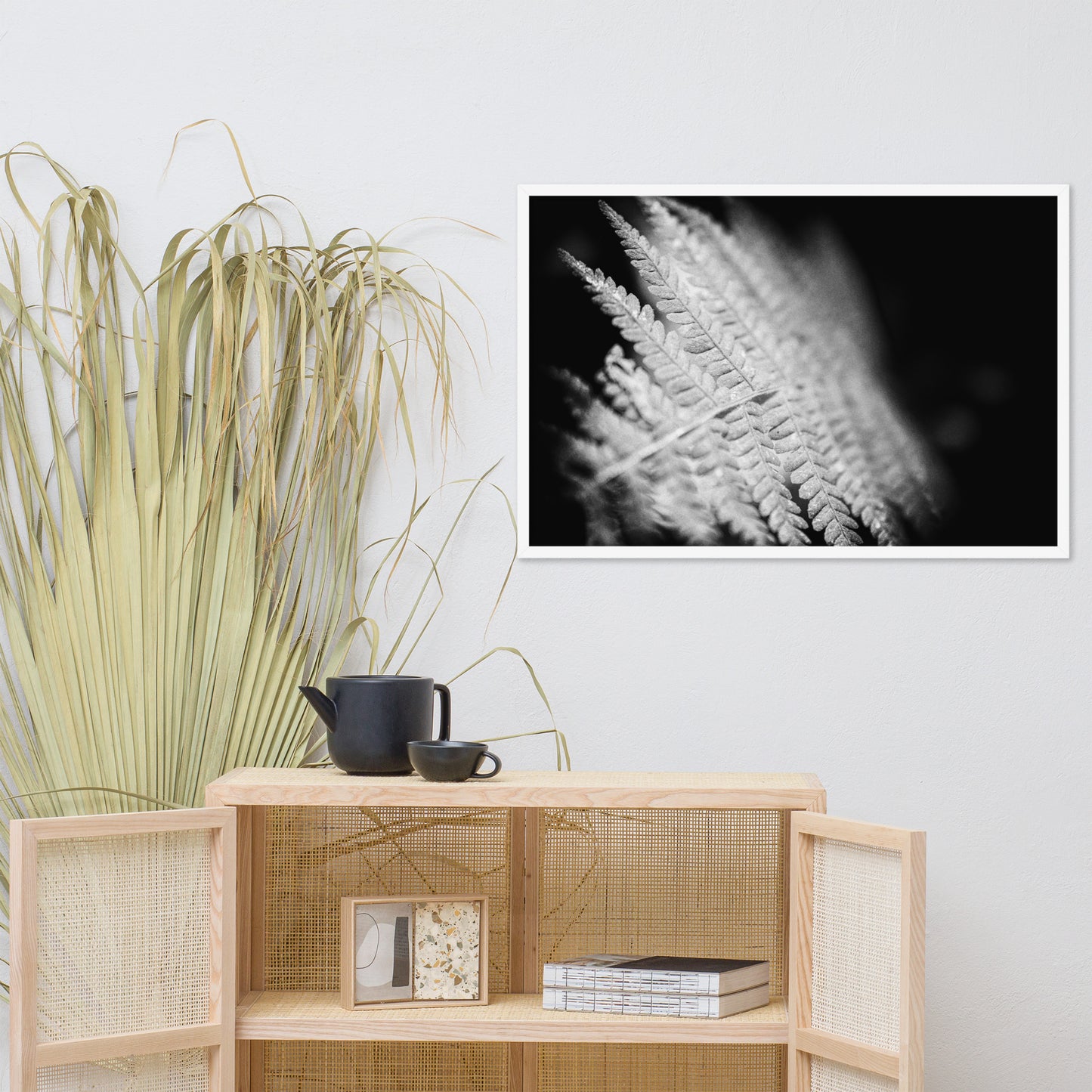 Fern Leaf in the Sunlight Black and White Botanical Nature Photo Framed Wall Art Print