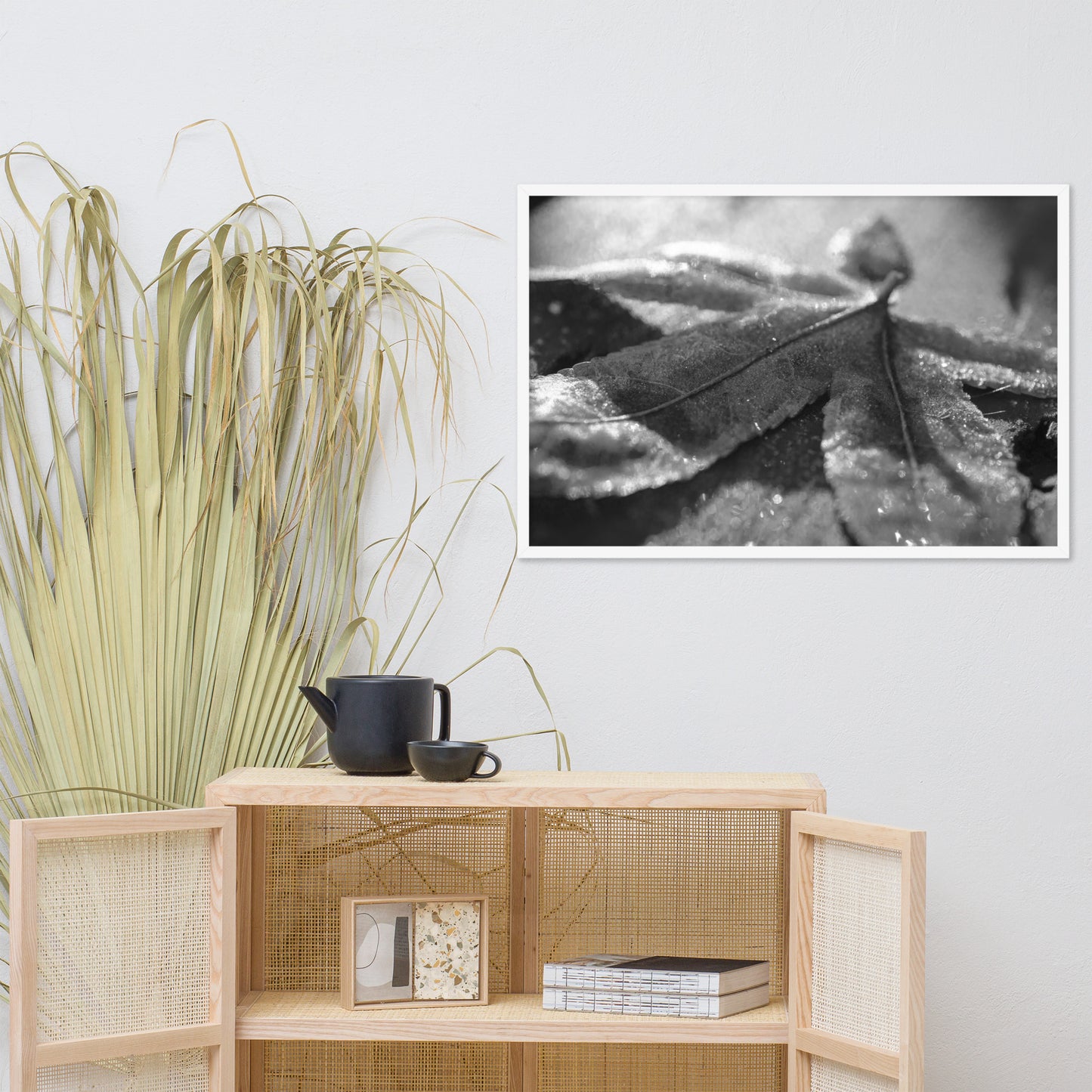 Frost Covered Leaf Black and White Botanical Nature Photo Framed Wall Art Print