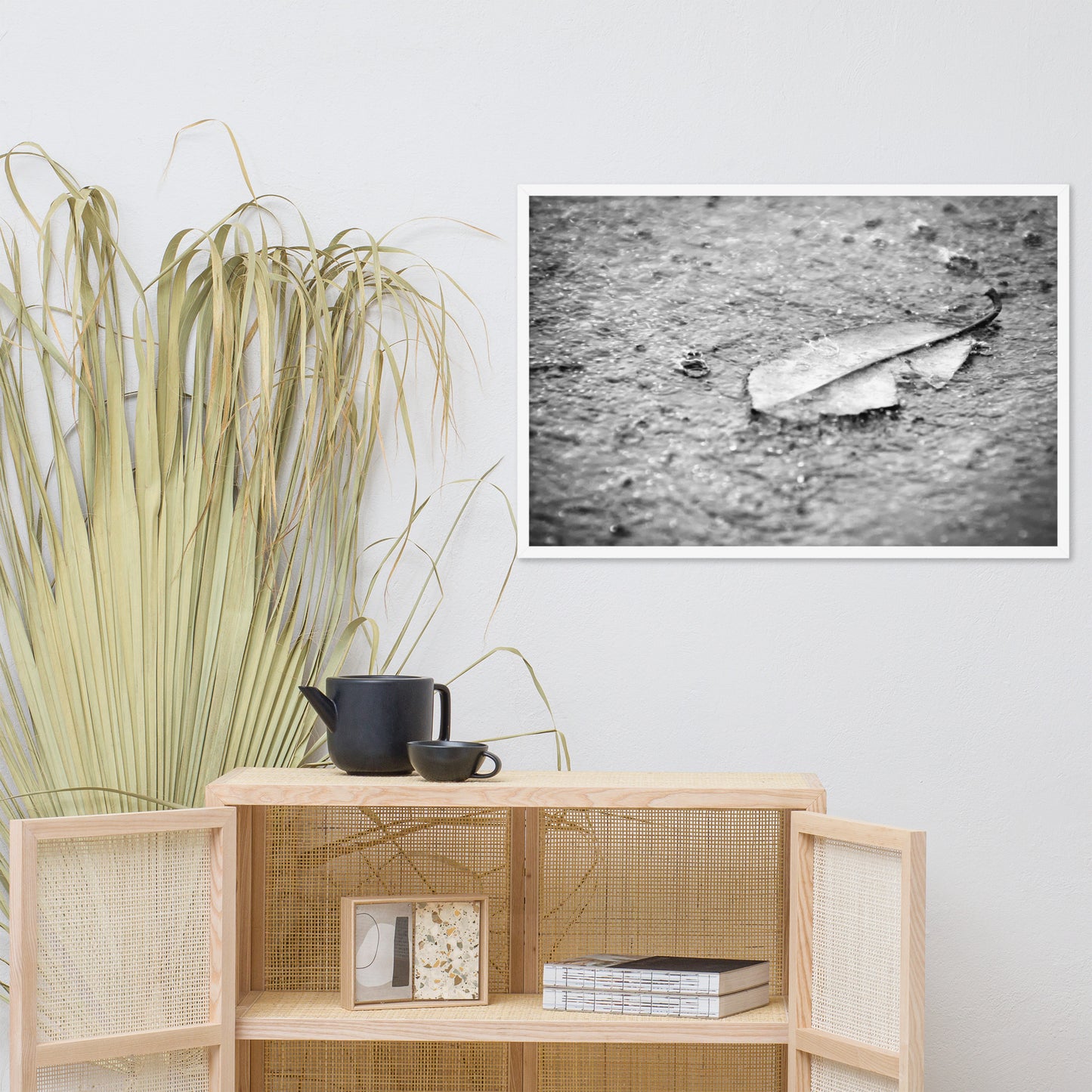Fallen Leaf in The Rain Black and White Botanical Nature Photo Framed Wall Art Print