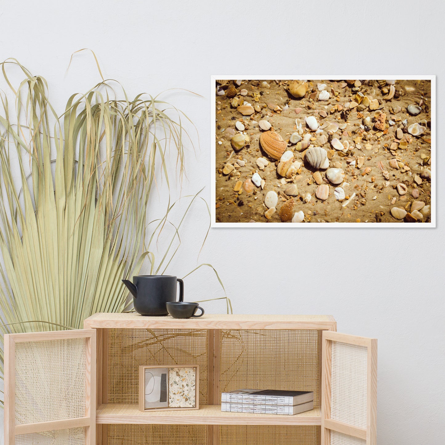 Broken Seashells and Sand Coastal Nature Photo Framed Wall Art Print