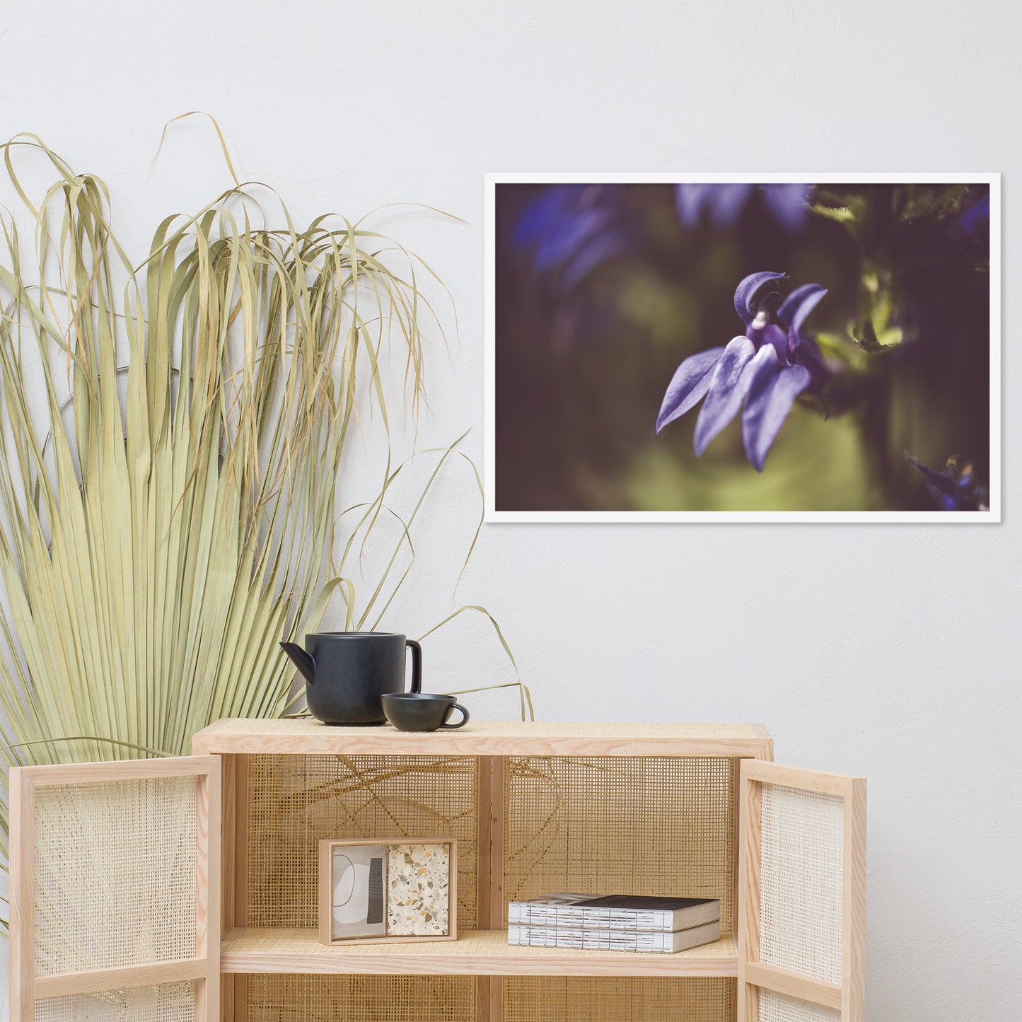 Dramatic Blue Lobelia, Blue Cardinal Flower - Abstract Merlot Effect Floral Nature Photo Framed Wall Art Print