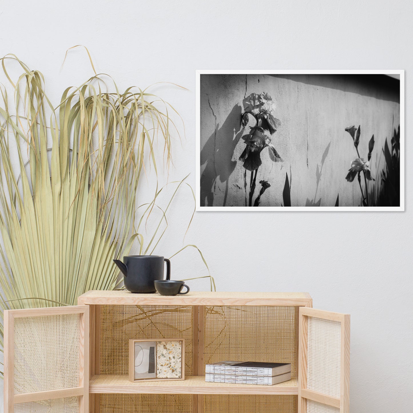Iris on Wall Black and White Floral Nature Photo Framed Wall Art Print