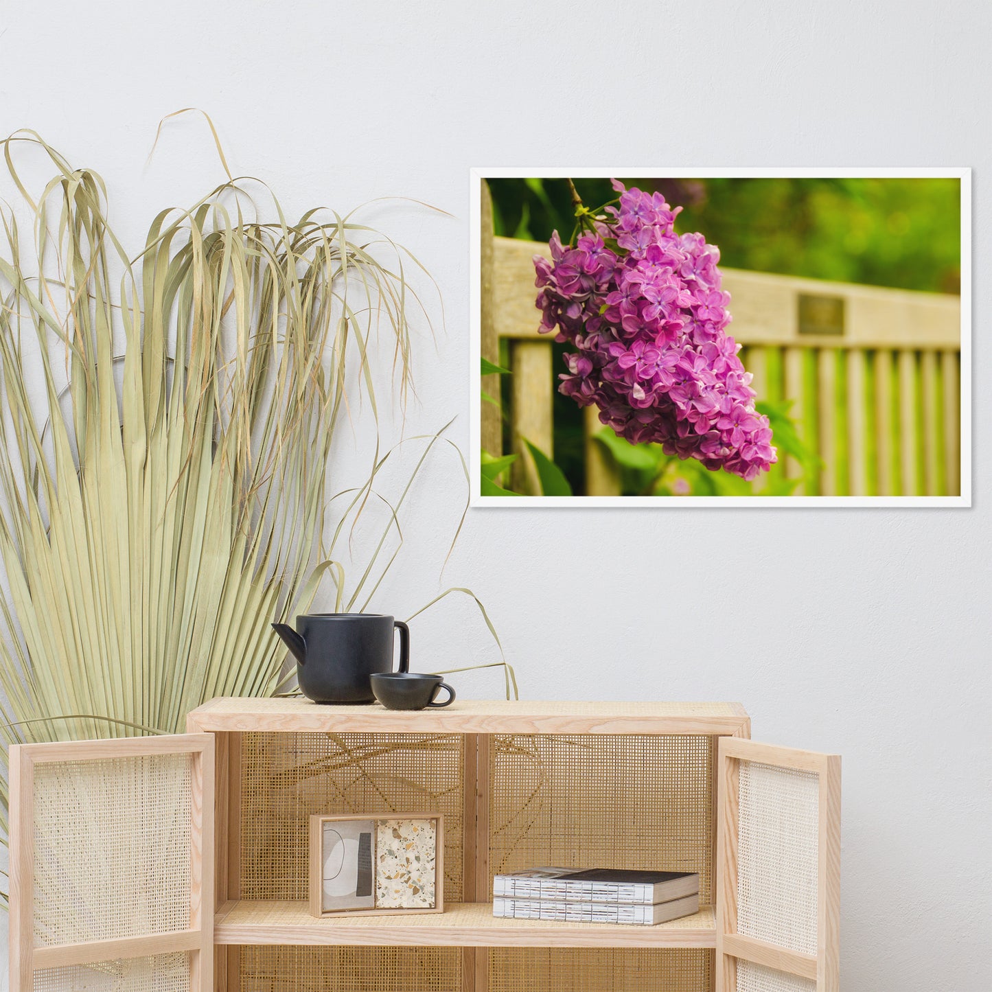 Park Bench with Lilac Floral Nature Photo Framed Wall Art Print