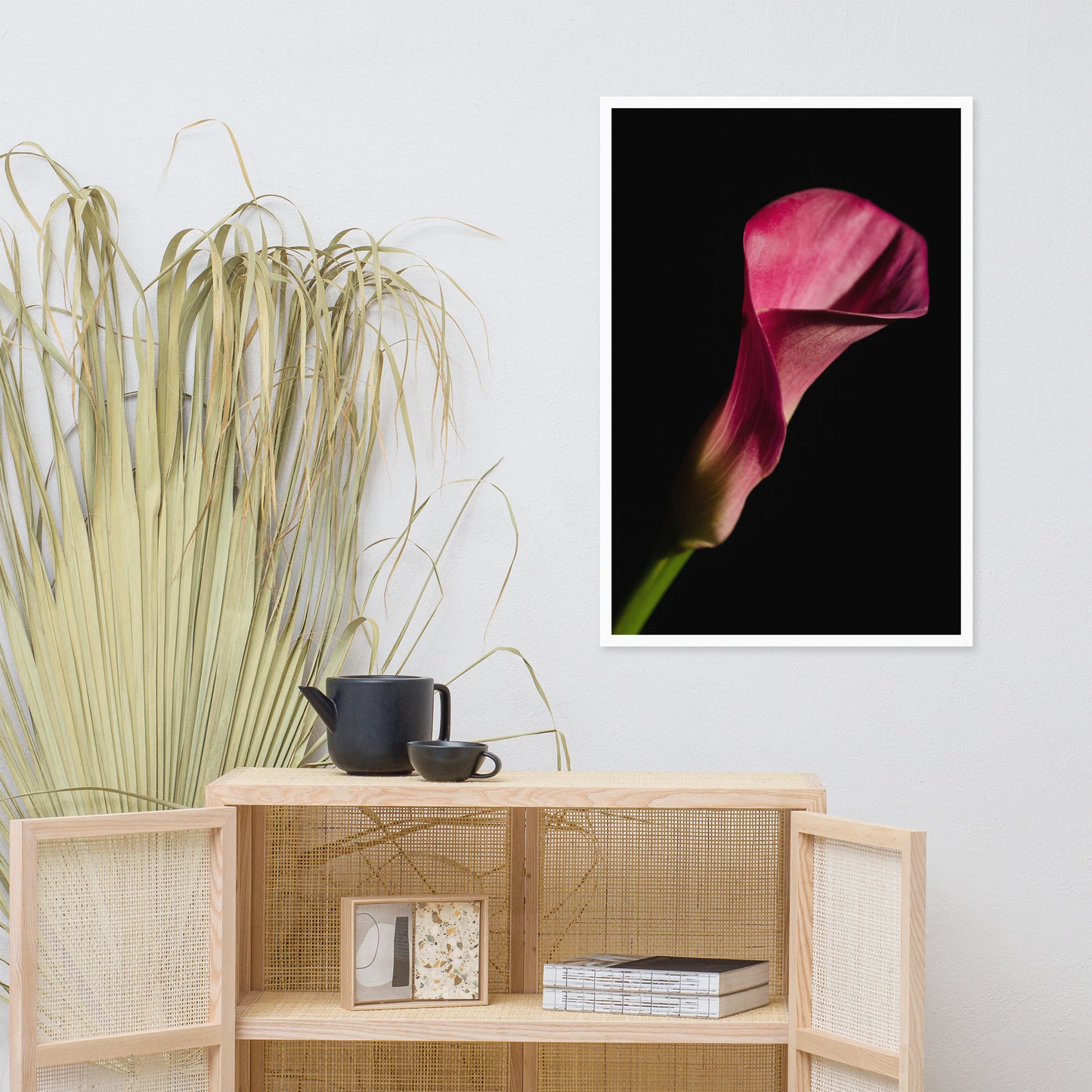 Pink Calla Lily Flower on Black Floral Nature Photo Framed Wall Art Print