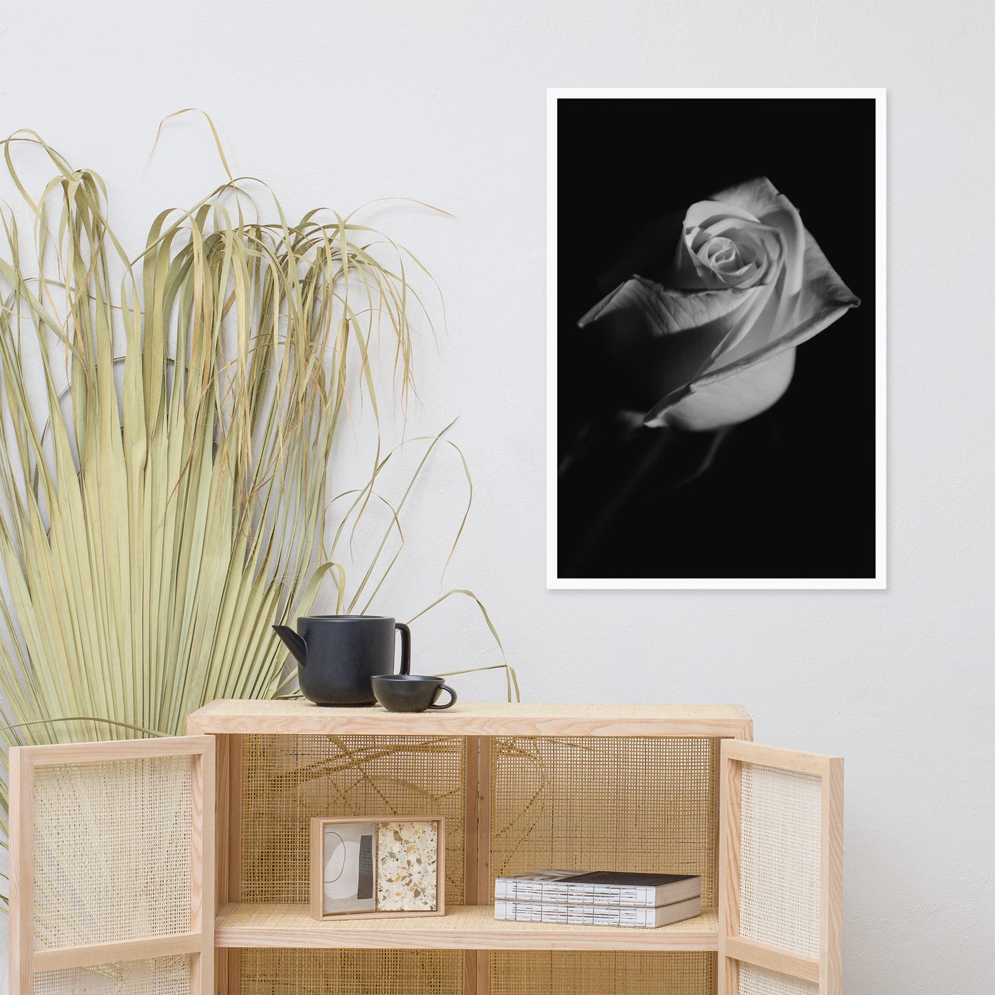 Rose on Black Black and White Floral Nature Photo Framed Wall Art Print
