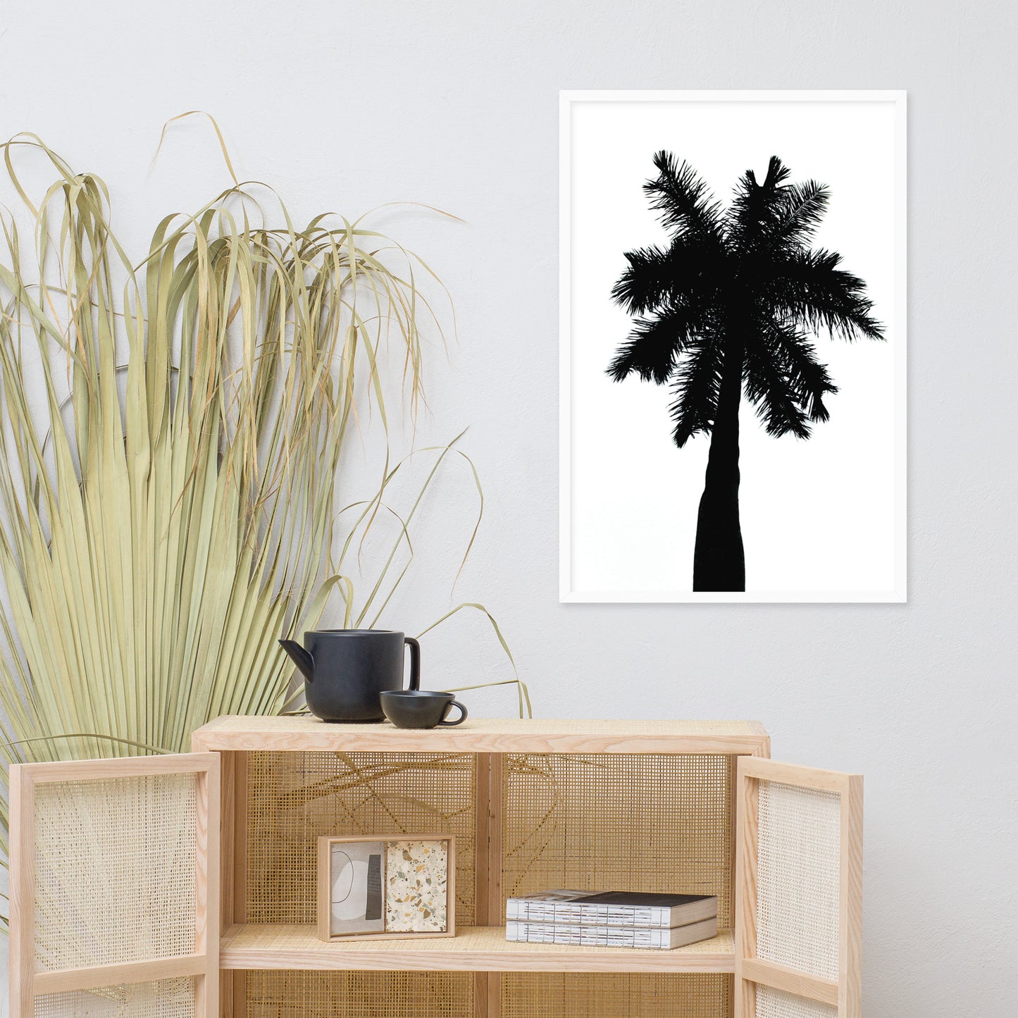 Palm Tree Silhouette on Pure White Botanical Nature Photo Framed Wall Art Print