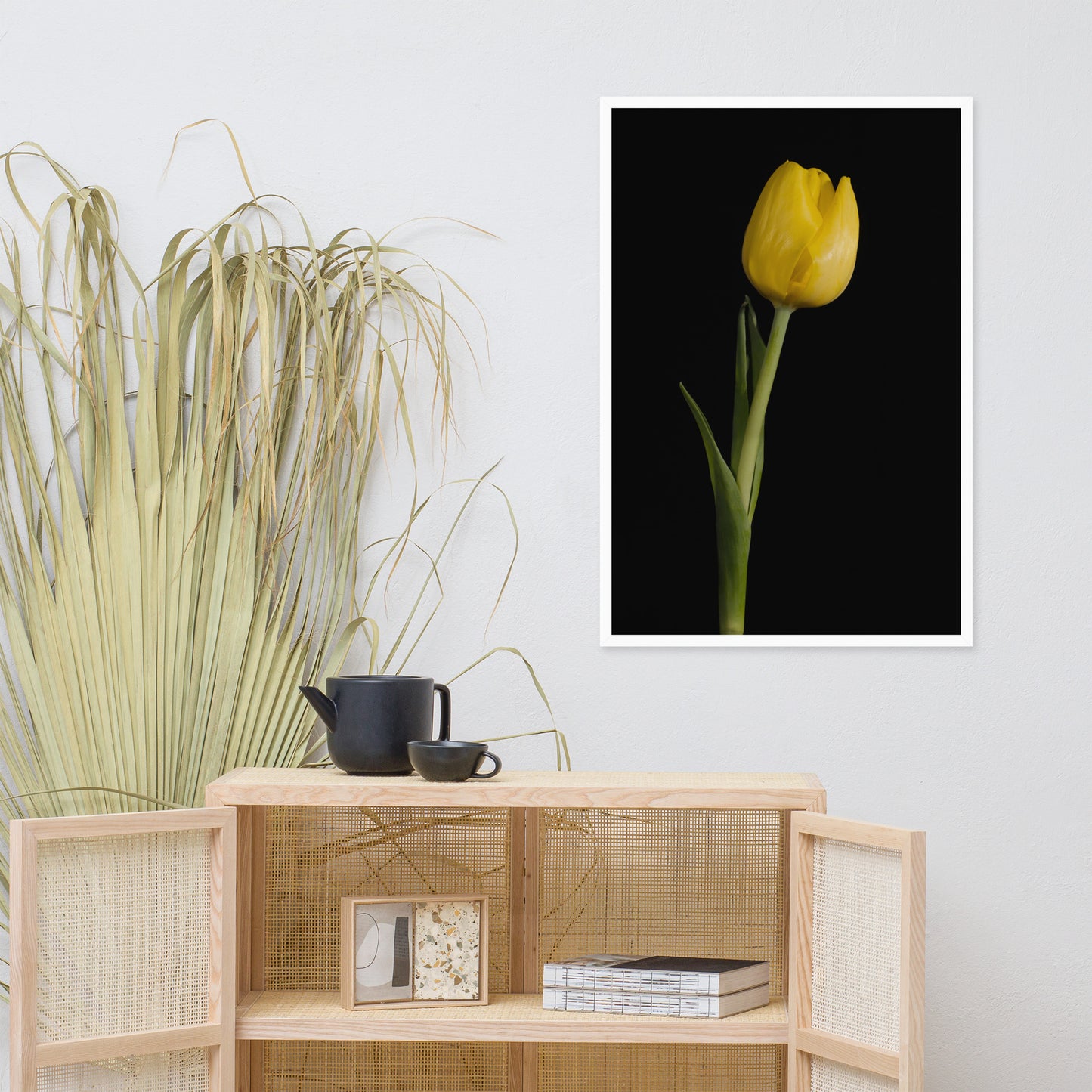 Yellow Tulip on Black Floral Nature Photo Framed Wall Art Print