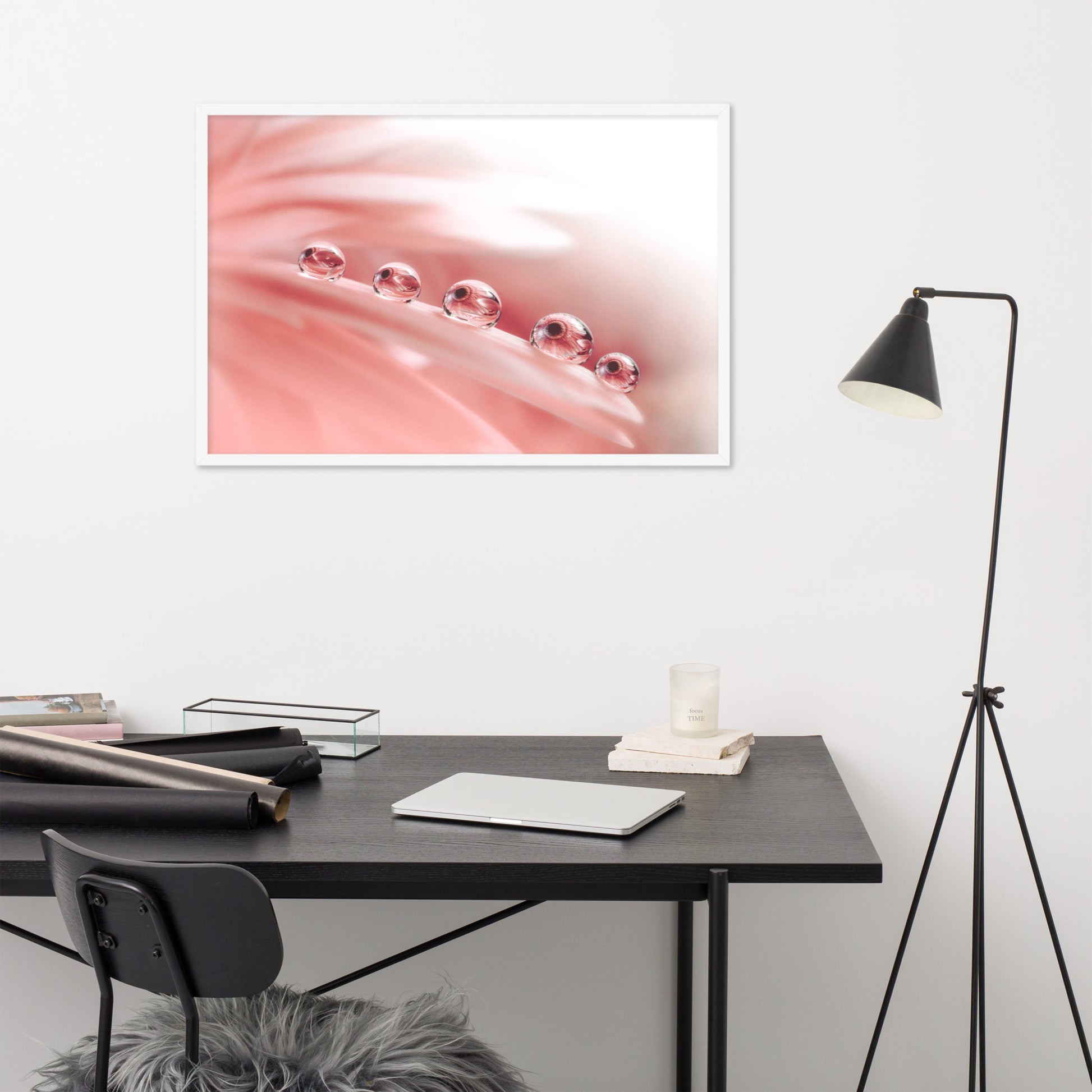 Large Framed Floral Pictures: Dew Drops on Gerbera Daisy Petals Floral Botanical Photograph Shabby Chic - Vintage Framed Wall Art Print