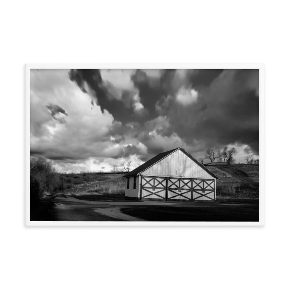 Art Print Shops: Aging Barn in the Morning Sun in Black and White - Rural / Country Style Landscape / Nature Photograph Framed Wall Art Print - Wall Decor - Artwork