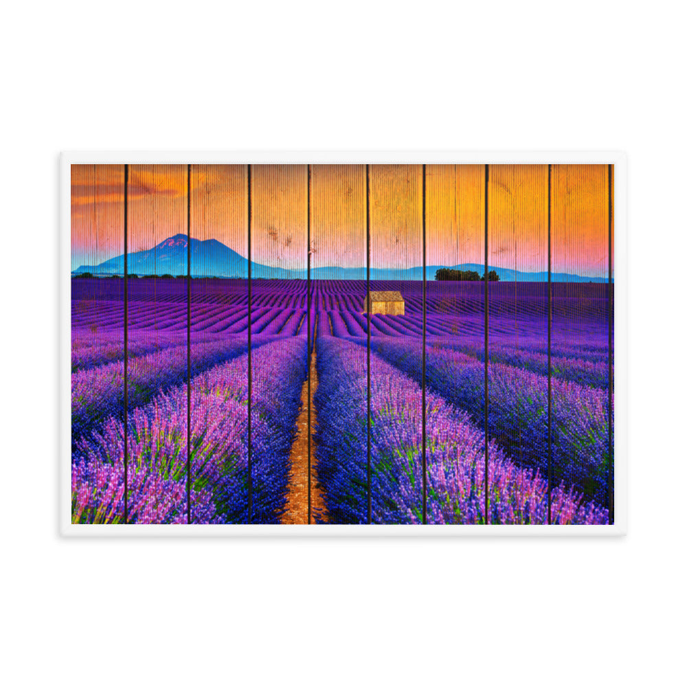 Faux Wood Lavender Fields and Sunset Landscape Framed Photo Paper Wall Art Prints