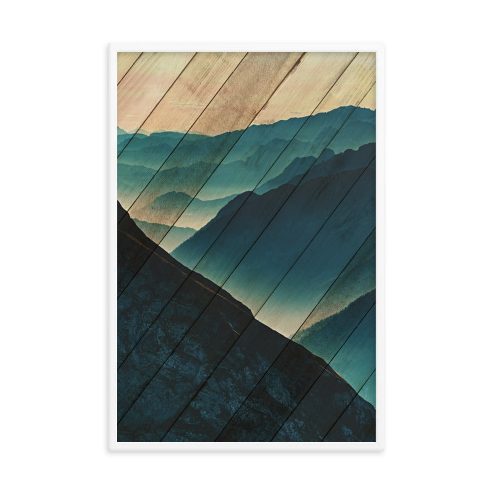 Faux Wood Misty Blue Silhouette Mountain Range Landscape Framed Photo Paper Wall Art Prints