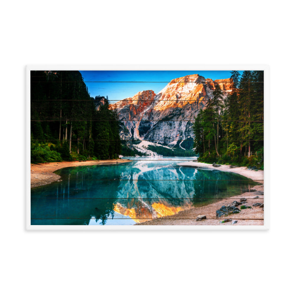 Faux Wood Misty Lake and Snowcap Mountain Reflections Framed Photo Paper Wall Art Prints