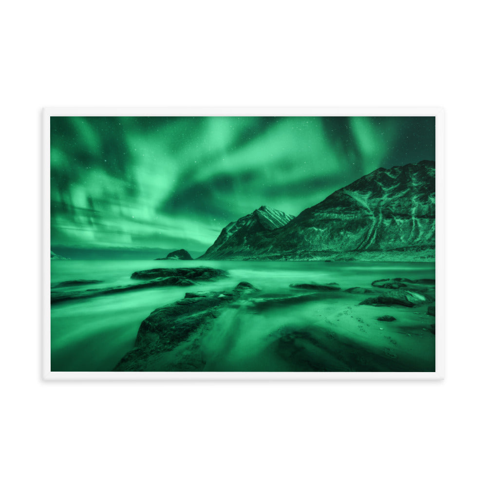 Green Northern Lights and Mountain Coast Framed Wall Art Prints