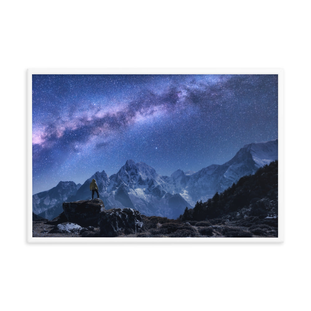 Stone Mountains and Milky Way Night Landscape Photo Framed Wall Art Print