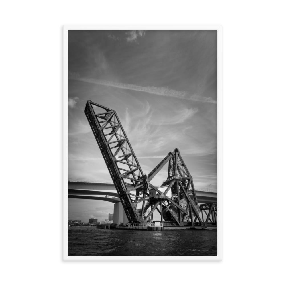Train Drawbridge Jacksonville 2 Black and White Framed Wall Art Print