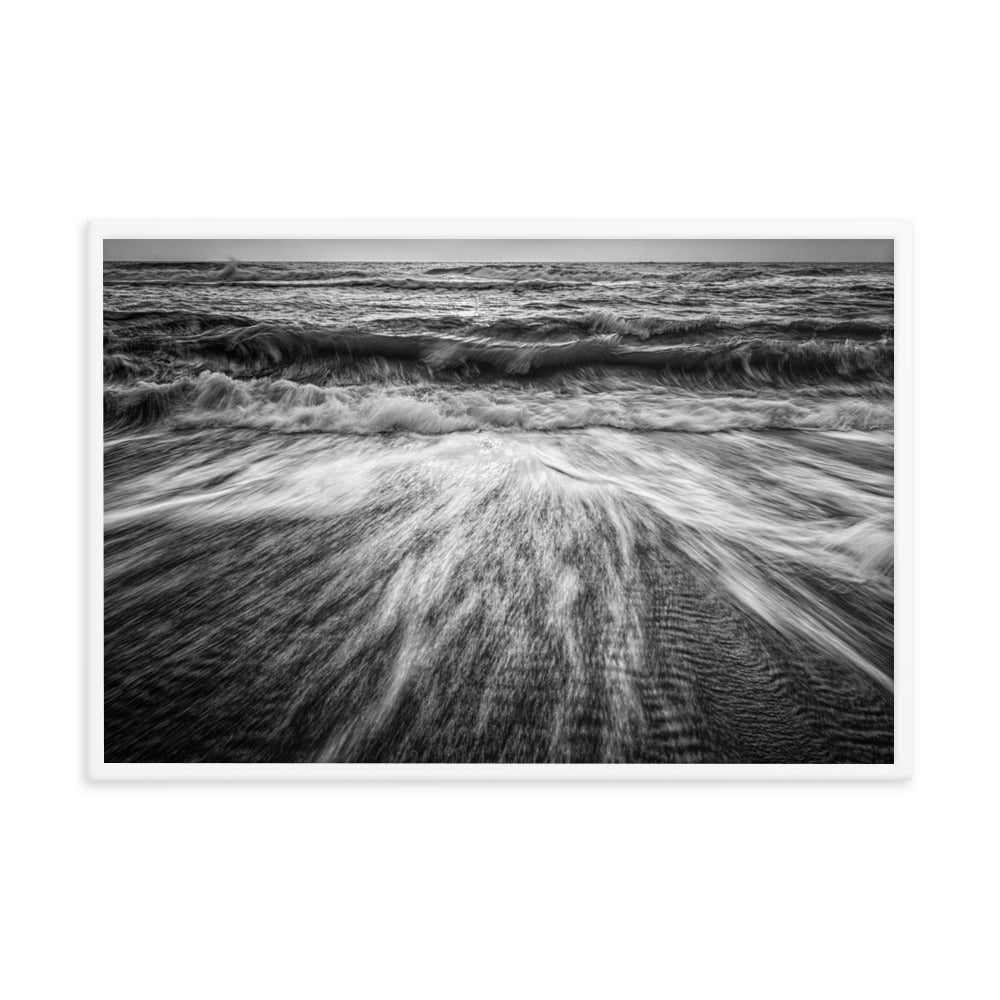 Washing Out to Sea Black and White Coastal Nature Photo Framed Wall Art Print