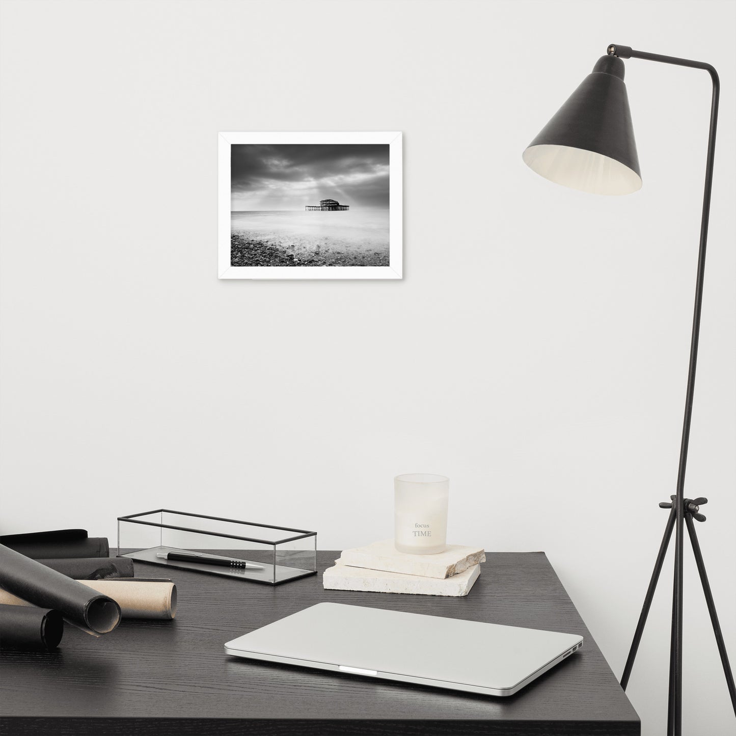 Best Wall Art For Home Office: Abandoned West Pier Coastal Seascape Landscape Black and White Photograph Framed Wall Art Print