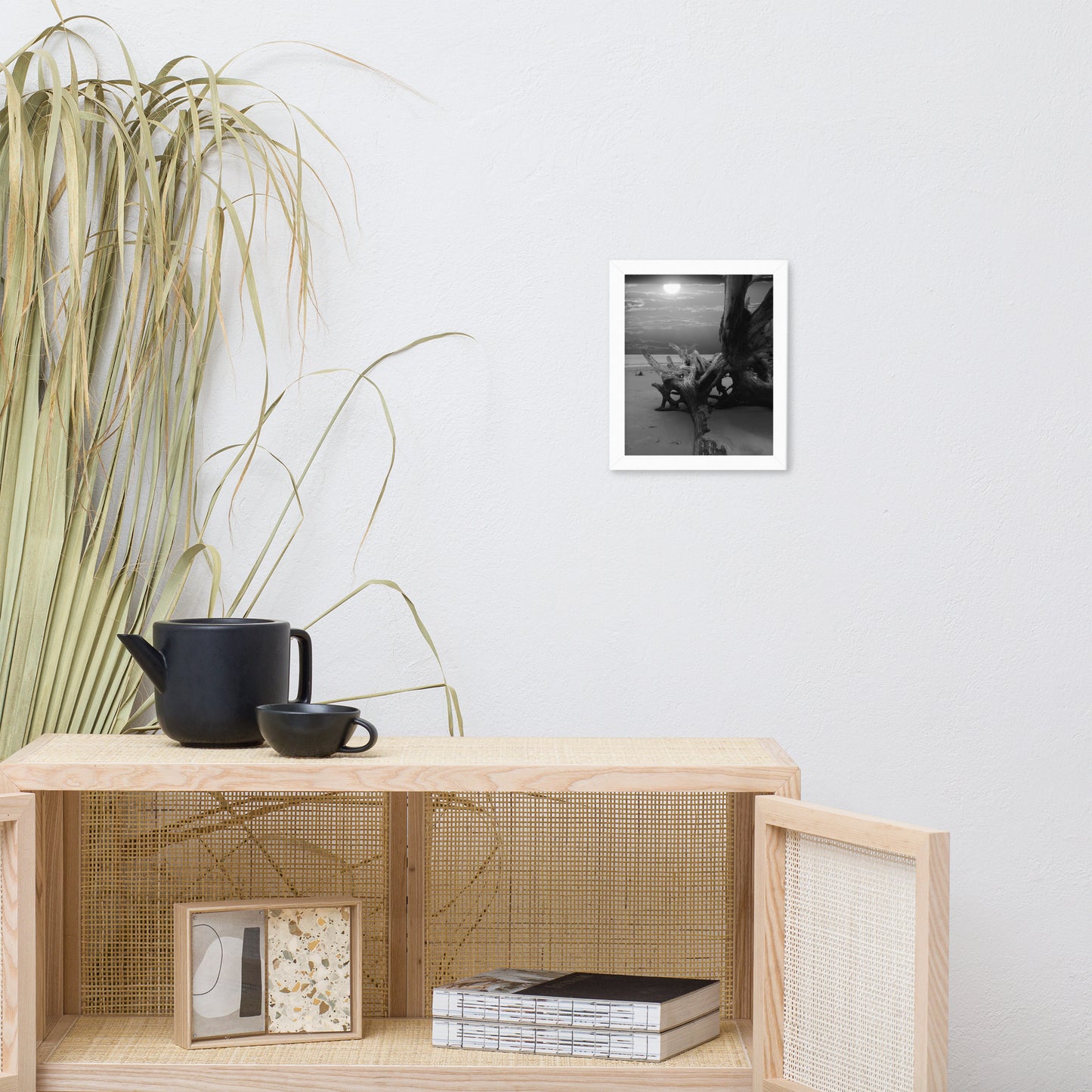 Dried Tree Roots and Sunrise 2 Black and White Landscape Photo Framed Wall Art Print