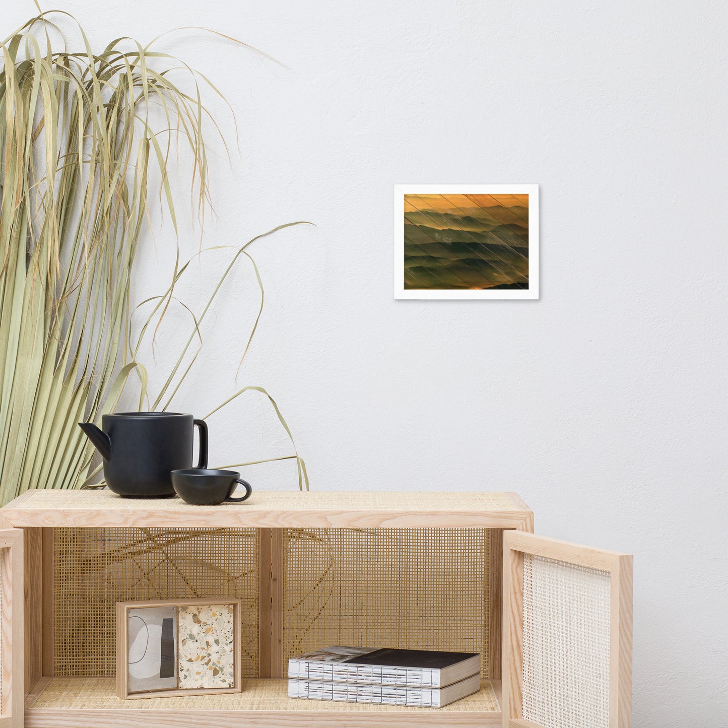 Faux Wood Foggy Mountain Layers at Sunset Landscape Framed Photo Paper Wall Art Prints