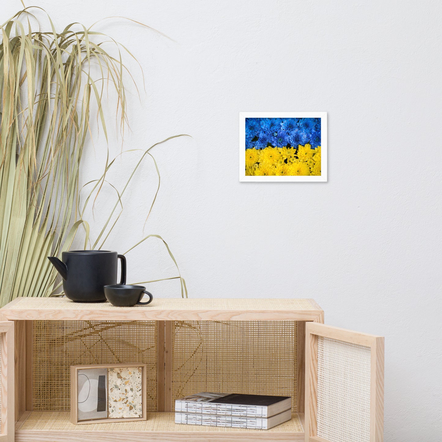 Blue and Yellow Chrysanthemums For Ukraine Refugees Nature Photo Framed Wall Art Print